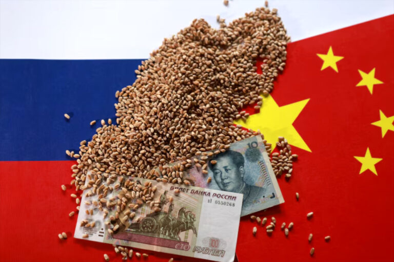 Dollar hegemony decline symbolized by Russian and Chinese flags with wheat grains, yuan and ruble banknotes