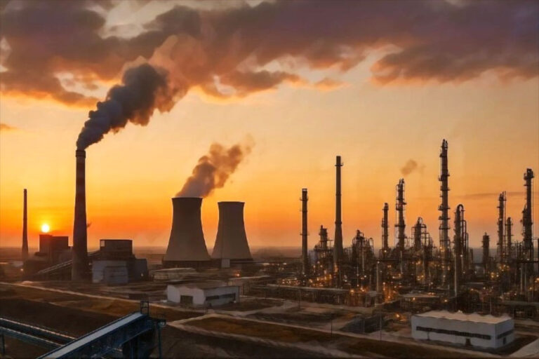 Eurasian infrastructure integration symbolized by an oil refinery at sunset, highlighting energy connectivity across the continent