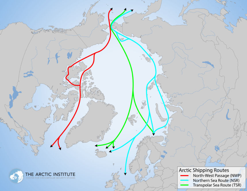Map showing the Northern Sea Route, Northwest Passage, and Transpolar Sea Route by The Arctic Institute
