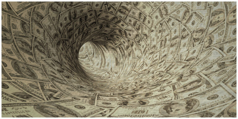 Dollar vortex forming a tunnel, illustrating pressures the BRICS+ Payment Grid aims to bypass