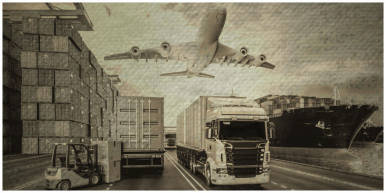 Multimodal logistics along Middle Corridor Asia with truck, airplane, container ship, and storage yard