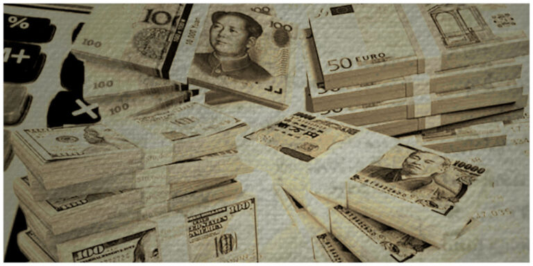 Eurasian capital flight illustrated by stacks of paper banknotes from different countries