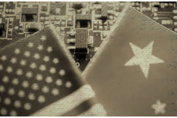 South Korea China semiconductor exports illustrated by US and China flags over circuit board