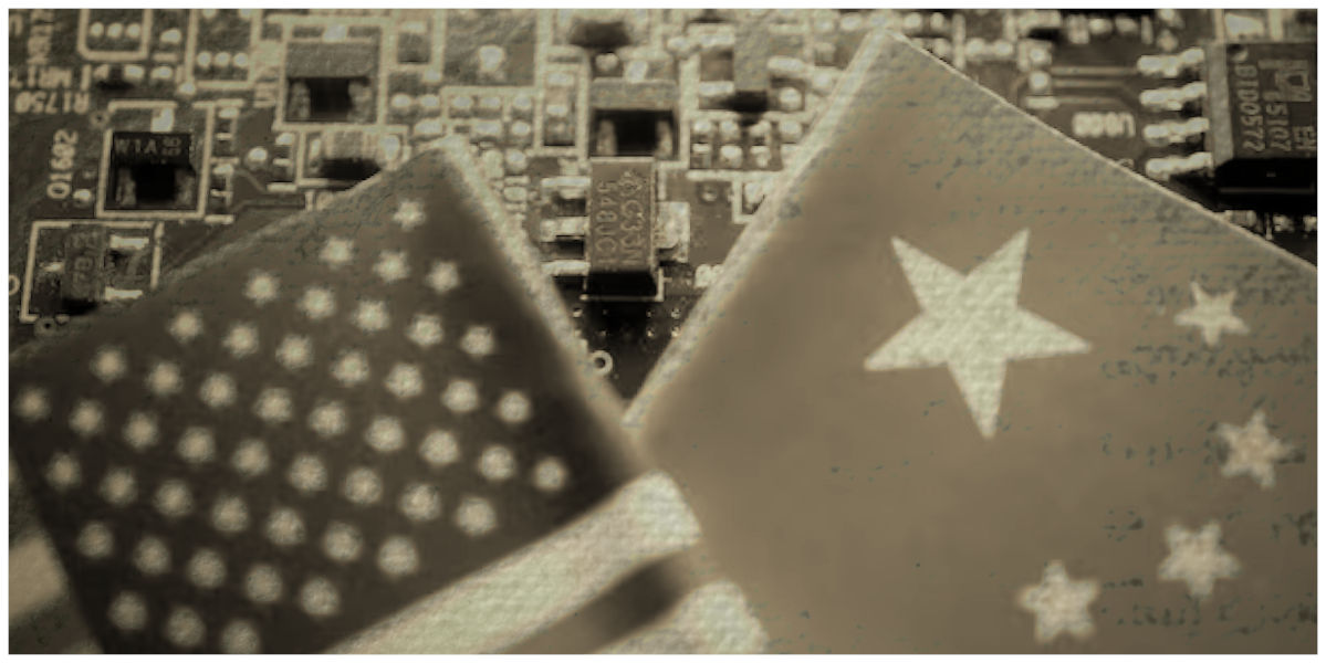South Korea China semiconductor exports illustrated by US and China flags over circuit board