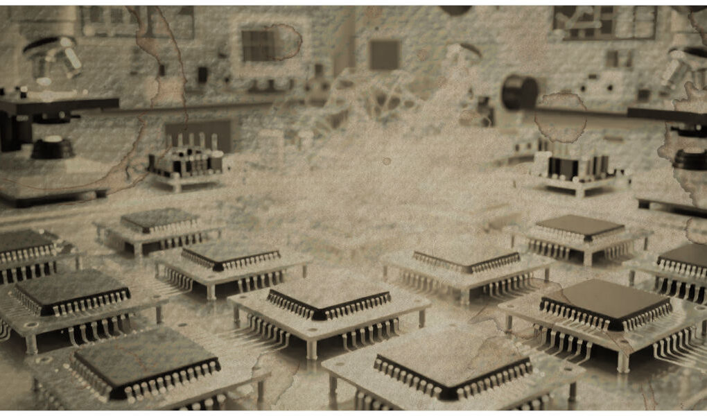 U.S.-China technology rivalry reflected in advanced semiconductor chips in a laboratory setting