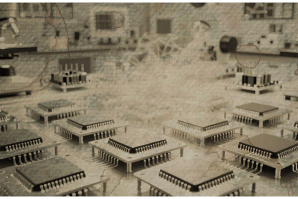 U.S.-China technology rivalry reflected in advanced semiconductor chips in a laboratory setting