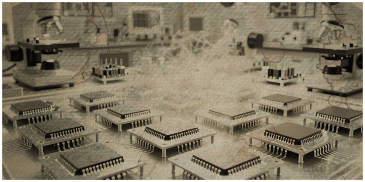 U.S.-China technology rivalry reflected in advanced semiconductor chips in a laboratory setting